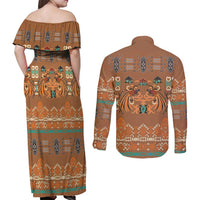 Terracotta Batik Papua-inspired Pattern Couples Matching Off Shoulder Maxi Dress and Long Sleeve Button Shirt - Polynesian Pride