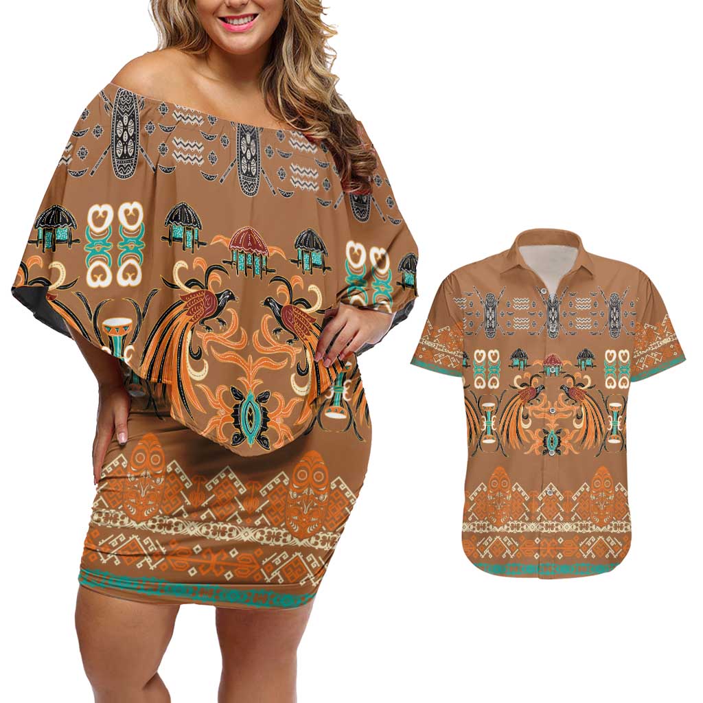 Terracotta Batik Papua-inspired Pattern Couples Matching Off Shoulder Short Dress and Hawaiian Shirt LT9 Gold - Polynesian Pride