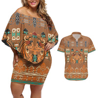 Terracotta Batik Papua-inspired Pattern Couples Matching Off Shoulder Short Dress and Hawaiian Shirt LT9 Gold - Polynesian Pride