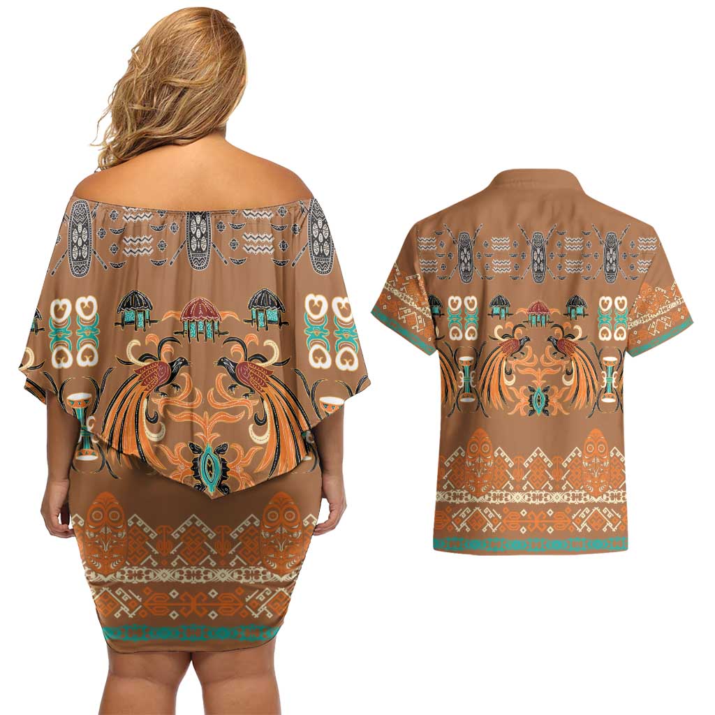 Terracotta Batik Papua-inspired Pattern Couples Matching Off Shoulder Short Dress and Hawaiian Shirt LT9 - Polynesian Pride