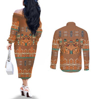 Terracotta Batik Papua-inspired Pattern Couples Matching Off The Shoulder Long Sleeve Dress and Long Sleeve Button Shirt LT9 - Polynesian Pride