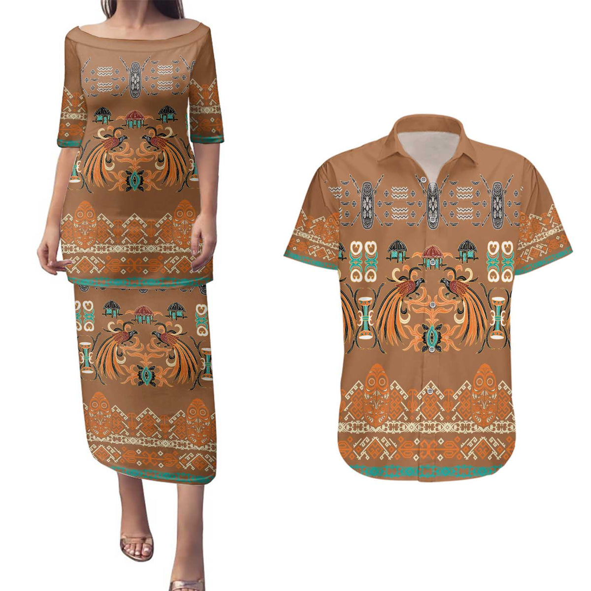 Terracotta Batik Papua-inspired Pattern Couples Matching Puletasi and Hawaiian Shirt LT9 Gold - Polynesian Pride