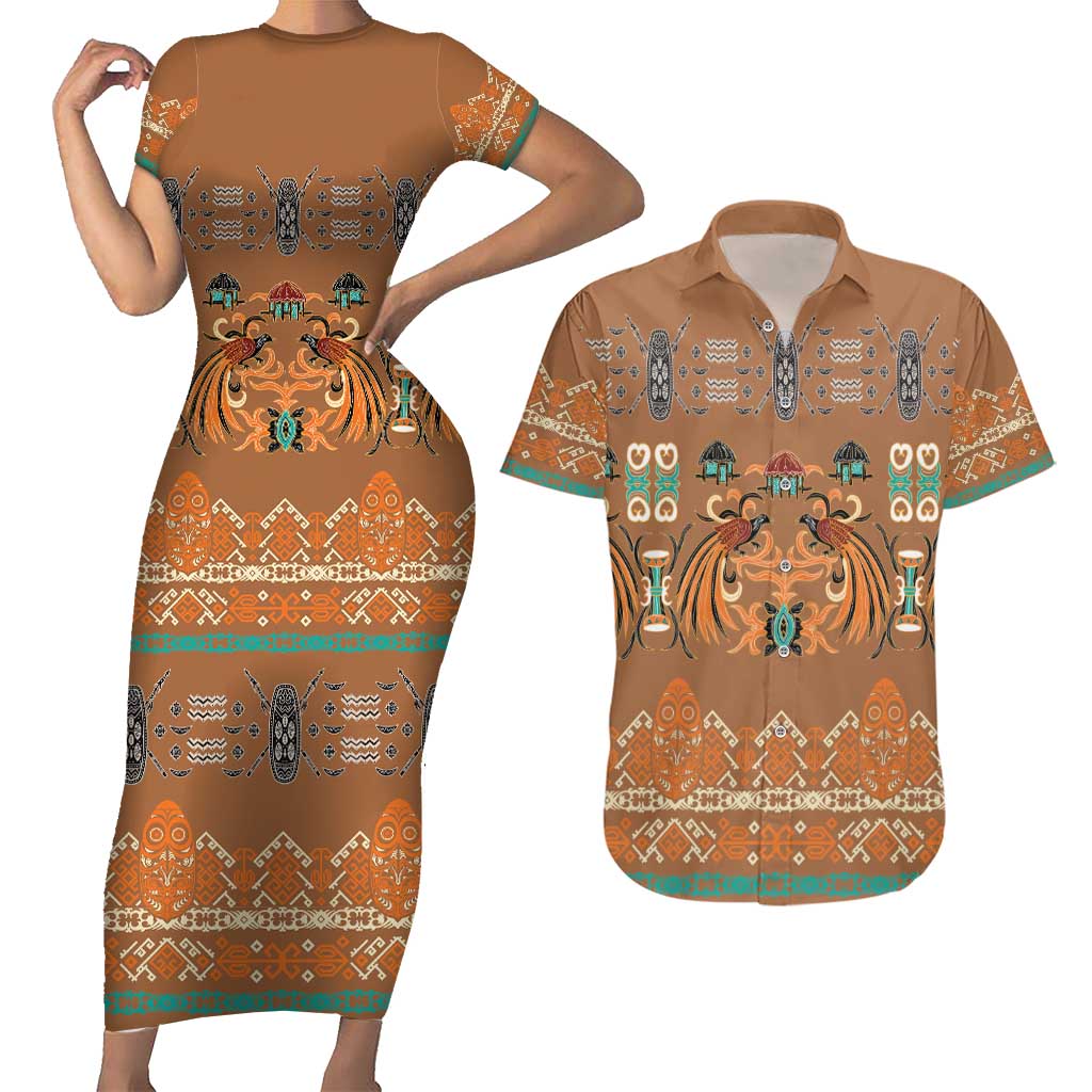 Terracotta Batik Papua-inspired Pattern Couples Matching Short Sleeve Bodycon Dress and Hawaiian Shirt LT9 Gold - Polynesian Pride