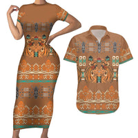 Terracotta Batik Papua-inspired Pattern Couples Matching Short Sleeve Bodycon Dress and Hawaiian Shirt LT9 Gold - Polynesian Pride