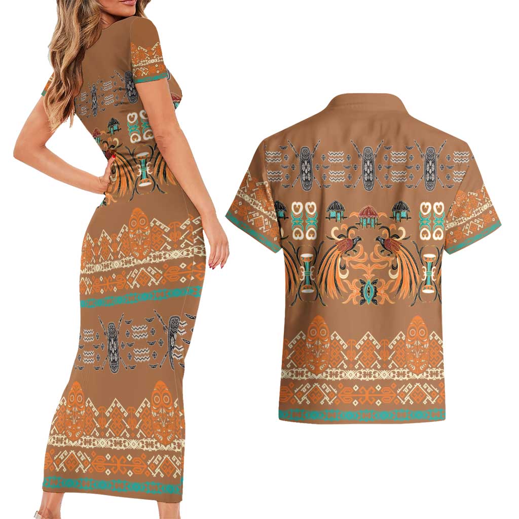 Terracotta Batik Papua-inspired Pattern Couples Matching Short Sleeve Bodycon Dress and Hawaiian Shirt LT9 - Polynesian Pride