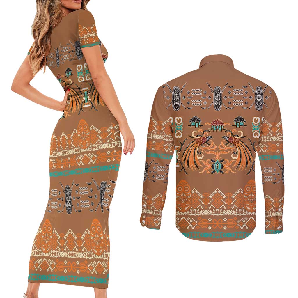 Terracotta Batik Papua-inspired Pattern Couples Matching Short Sleeve Bodycon Dress and Long Sleeve Button Shirt LT9 - Polynesian Pride