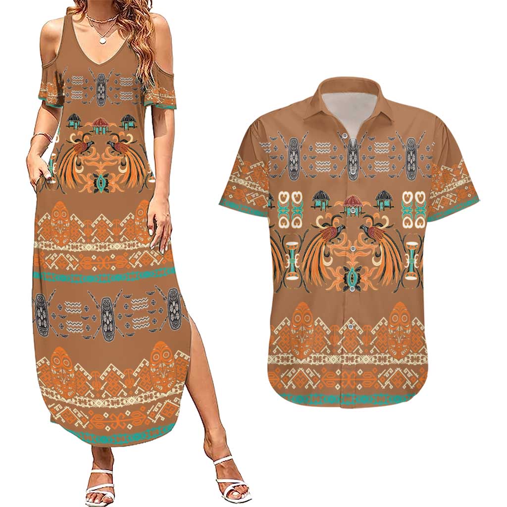 Terracotta Batik Papua-inspired Pattern Couples Matching Summer Maxi Dress and Hawaiian Shirt LT9 Gold - Polynesian Pride
