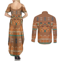 Terracotta Batik Papua-inspired Pattern Couples Matching Summer Maxi Dress and Long Sleeve Button Shirt LT9 - Polynesian Pride
