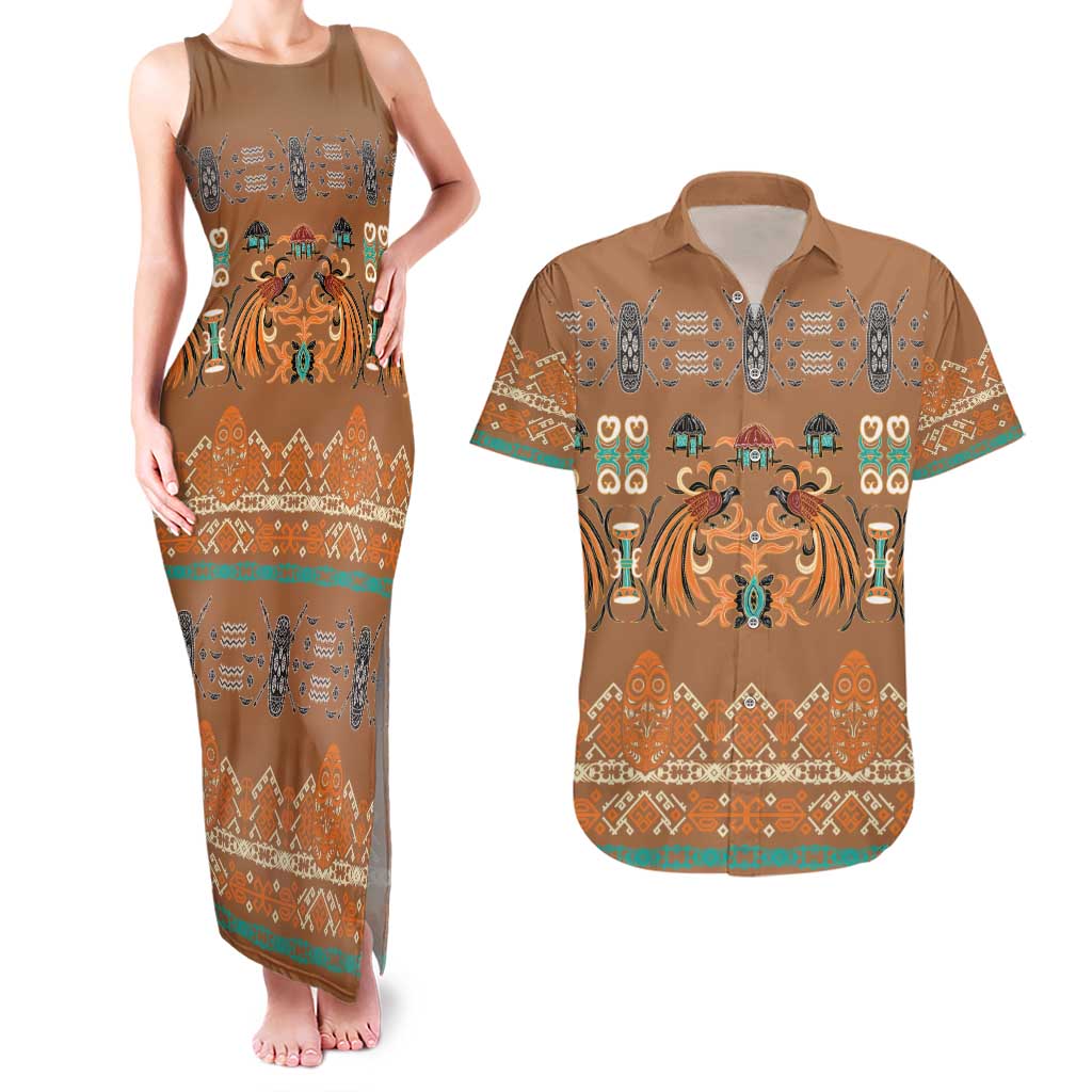 Terracotta Batik Papua-inspired Pattern Couples Matching Tank Maxi Dress and Hawaiian Shirt LT9 Gold - Polynesian Pride