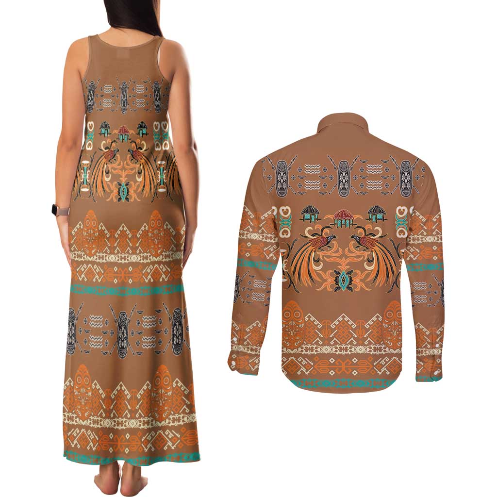 Terracotta Batik Papua-inspired Pattern Couples Matching Tank Maxi Dress and Long Sleeve Button Shirt LT9 - Polynesian Pride