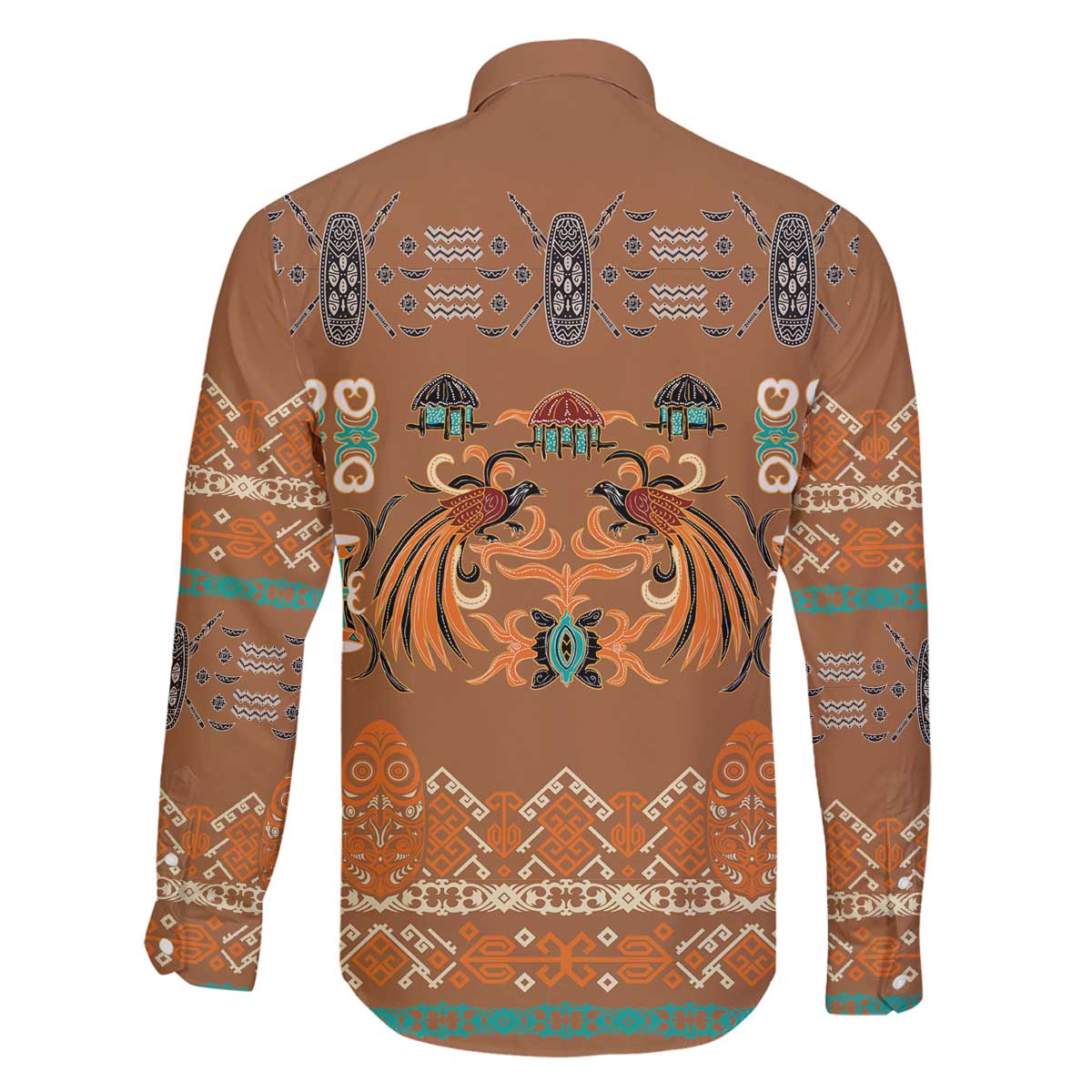 Terracotta Batik Papua-inspired Pattern Family Matching Off The Shoulder Long Sleeve Dress and Hawaiian Shirt - Polynesian Pride