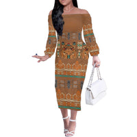 Terracotta Batik Papua-inspired Pattern Family Matching Off The Shoulder Long Sleeve Dress and Hawaiian Shirt - Polynesian Pride