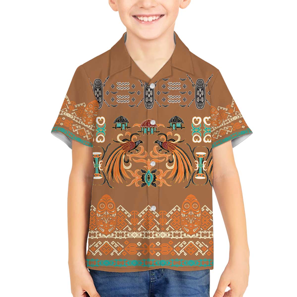 Terracotta Batik Papua-inspired Pattern Family Matching Off The Shoulder Long Sleeve Dress and Hawaiian Shirt - Polynesian Pride