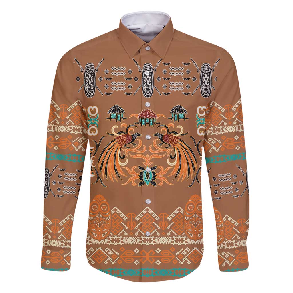 Terracotta Batik Papua-inspired Pattern Family Matching Off Shoulder Short Dress and Hawaiian Shirt LT9 Dad's Shirt - Long Sleeve Gold - Polynesian Pride