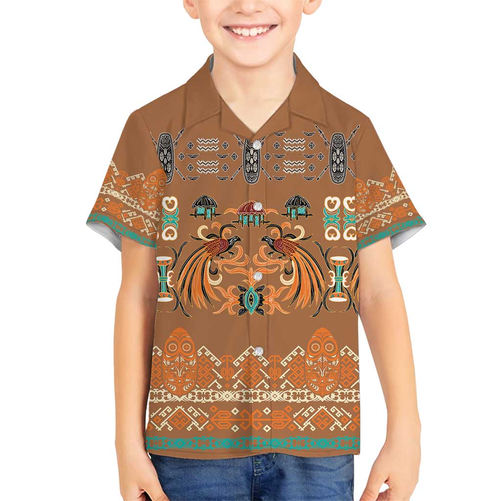 Terracotta Batik Papua-inspired Pattern Family Matching Off Shoulder Short Dress and Hawaiian Shirt LT9 Son's Shirt Gold - Polynesian Pride