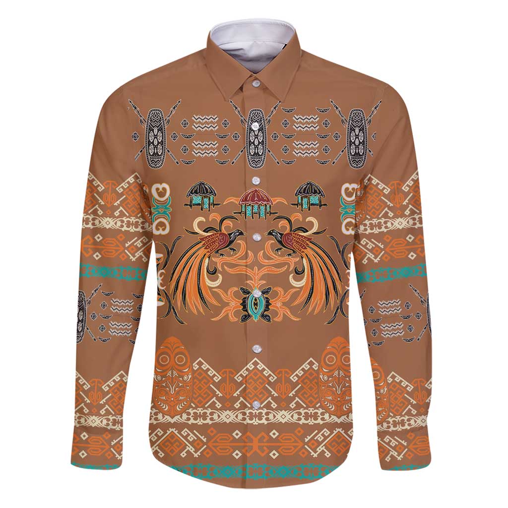 Terracotta Batik Papua-inspired Pattern Family Matching Puletasi and Hawaiian Shirt LT9 Dad's Shirt - Long Sleeve Gold - Polynesian Pride