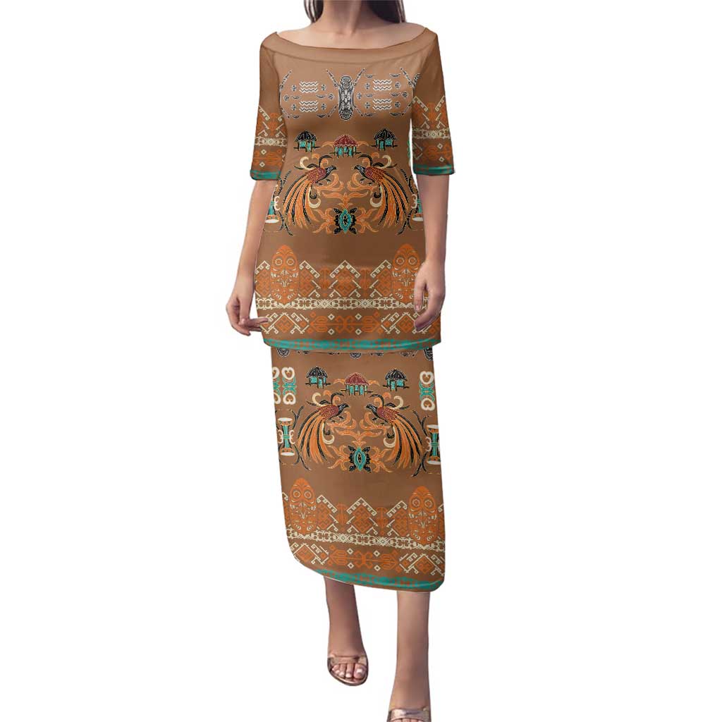 Terracotta Batik Papua-inspired Pattern Family Matching Puletasi and Hawaiian Shirt LT9 Mom's Dress Gold - Polynesian Pride