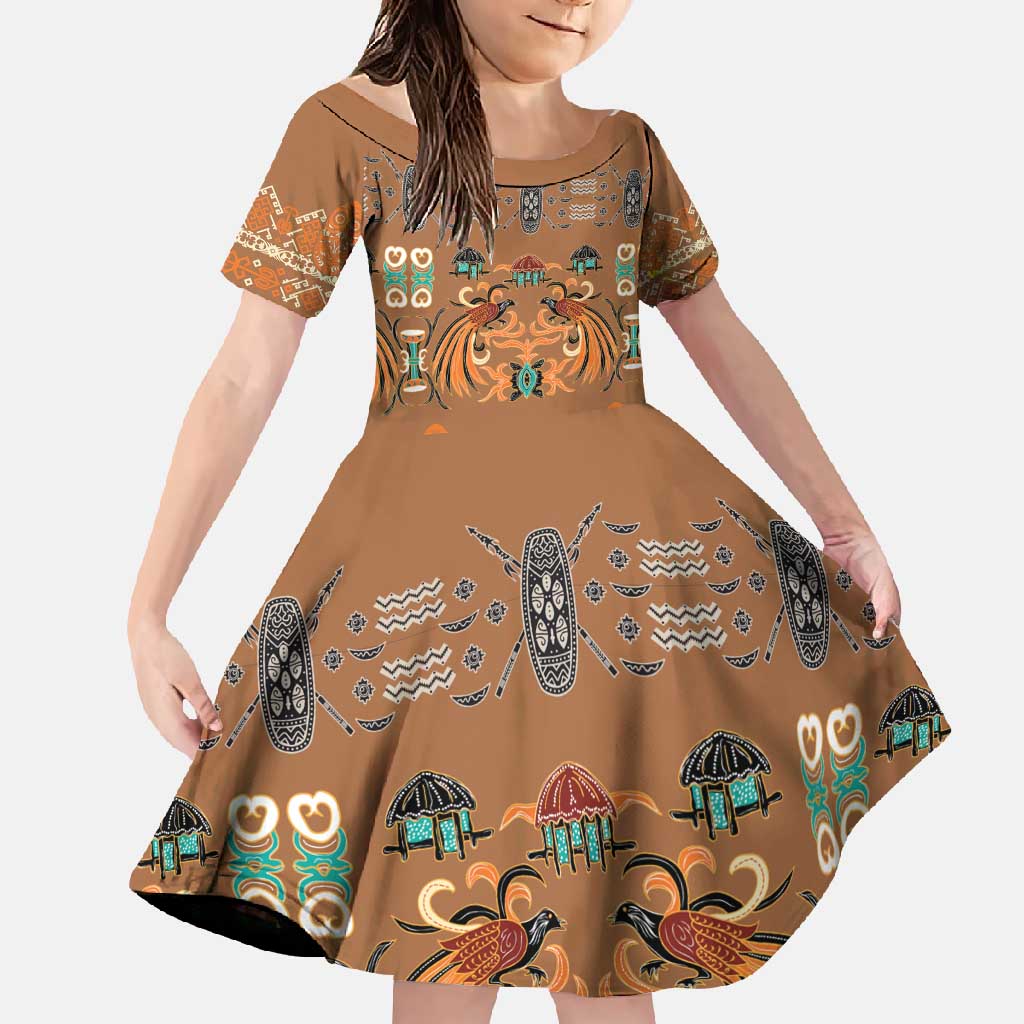 Terracotta Batik Papua-inspired Pattern Family Matching Summer Maxi Dress and Hawaiian Shirt LT9 Daughter's Dress Gold - Polynesian Pride