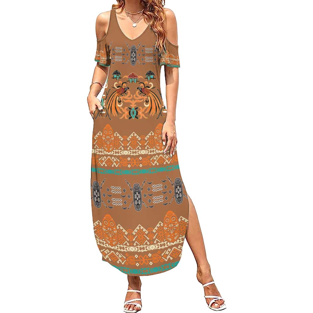 Terracotta Batik Papua-inspired Pattern Family Matching Summer Maxi Dress and Hawaiian Shirt LT9 Mom's Dress Gold - Polynesian Pride