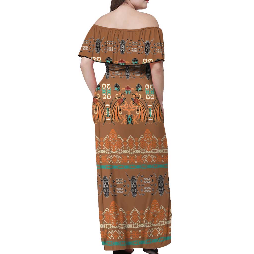 Terracotta Batik Papua-inspired Pattern Off Shoulder Maxi Dress LT9 - Polynesian Pride