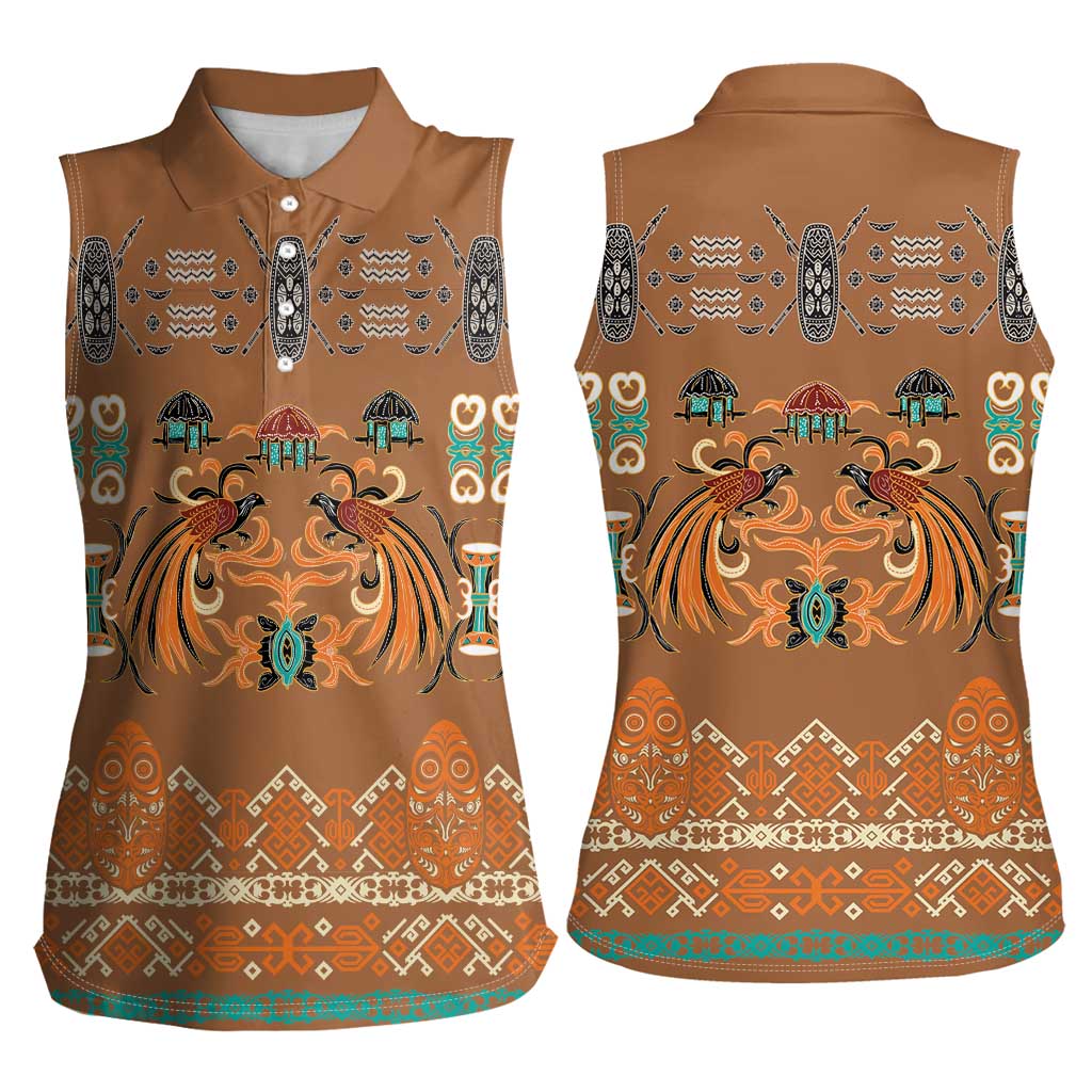 Terracotta Batik Papua-inspired Pattern Women Sleeveless Polo Shirt LT9 - Polynesian Pride