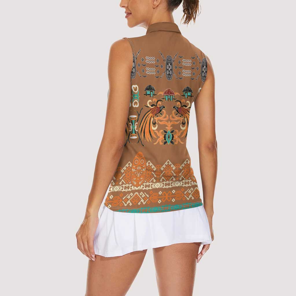 Terracotta Batik Papua-inspired Pattern Women Sleeveless Polo Shirt LT9 - Polynesian Pride