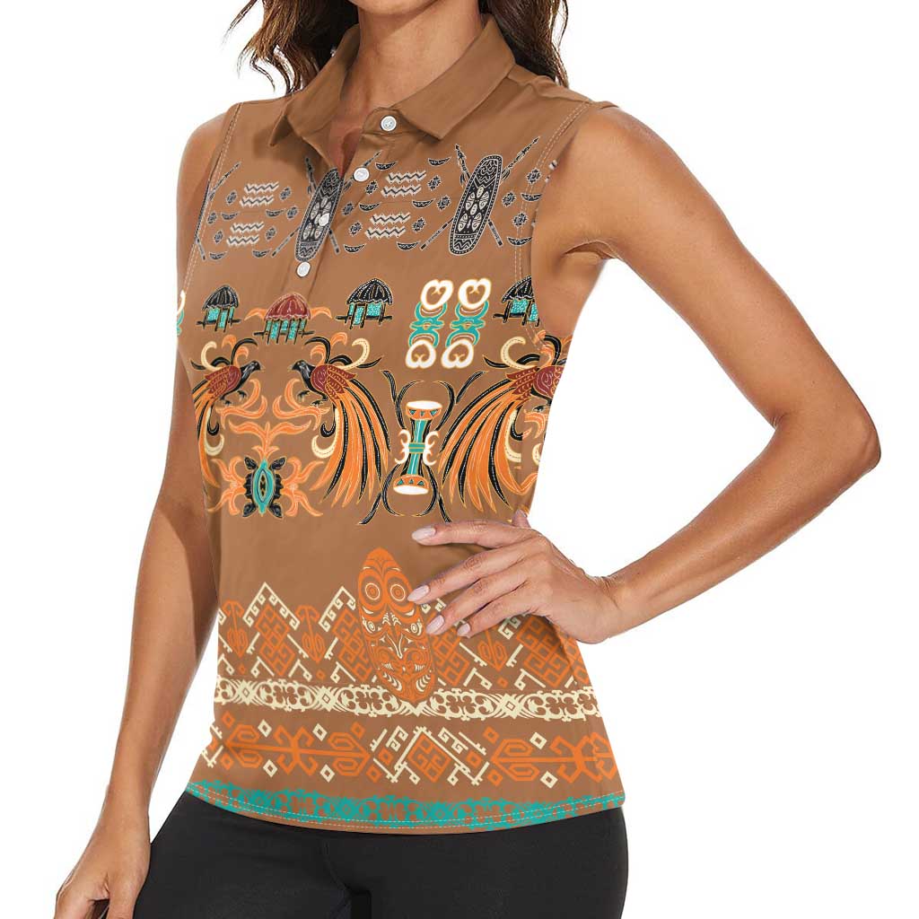 Terracotta Batik Papua-inspired Pattern Women Sleeveless Polo Shirt LT9 - Polynesian Pride