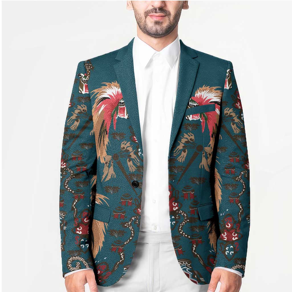 Dark Cyan Blue Bird of Batik Papua Blazer Exotic Natural Wealth of Papua - Polynesian Pride