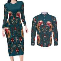 Dark Cyan Blue Bird of Batik Papua Couples Matching Long Sleeve Bodycon Dress and Long Sleeve Button Shirt Exotic Natural Wealth of Papua - Polynesian Pride