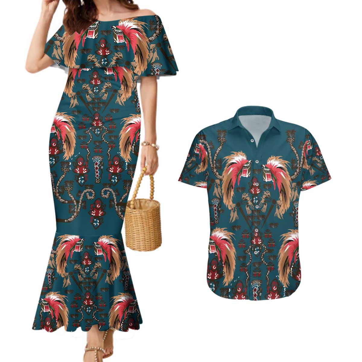 Dark Cyan Blue Bird of Batik Papua Couples Matching Mermaid Dress and Hawaiian Shirt Exotic Natural Wealth of Papua - Polynesian Pride