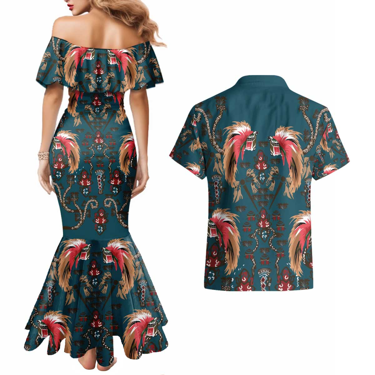 Dark Cyan Blue Bird of Batik Papua Couples Matching Mermaid Dress and Hawaiian Shirt Exotic Natural Wealth of Papua - Polynesian Pride