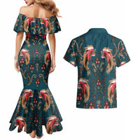 Dark Cyan Blue Bird of Batik Papua Couples Matching Mermaid Dress and Hawaiian Shirt Exotic Natural Wealth of Papua - Polynesian Pride
