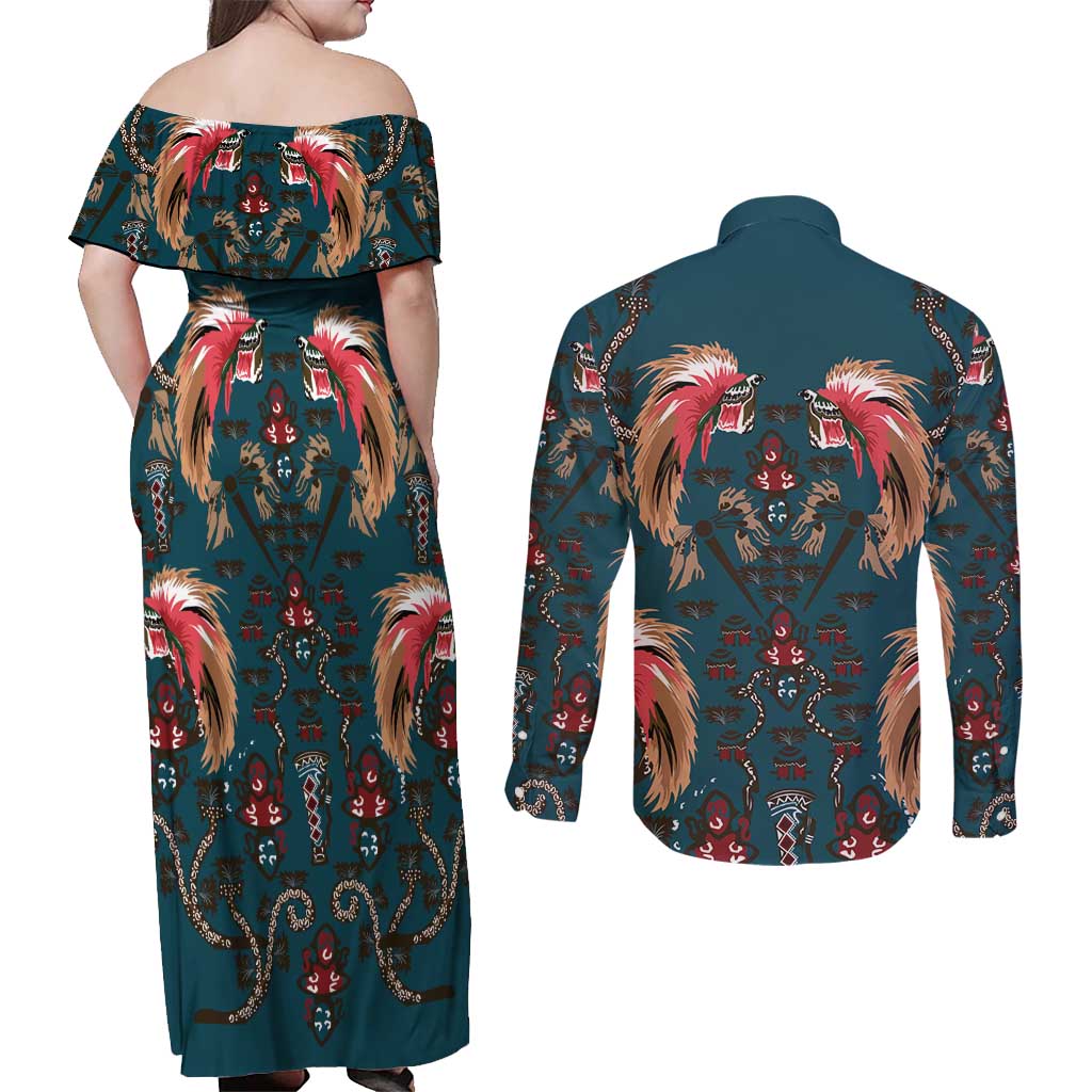 Dark Cyan Blue Bird of Batik Papua Couples Matching Off Shoulder Maxi Dress and Long Sleeve Button Shirt Exotic Natural Wealth of Papua - Polynesian Pride