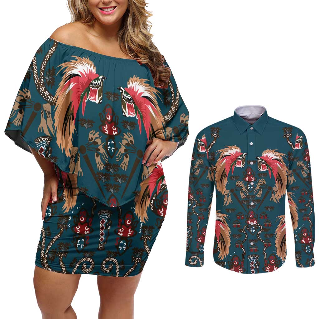 Dark Cyan Blue Bird of Batik Papua Couples Matching Off Shoulder Short Dress and Long Sleeve Button Shirt Exotic Natural Wealth of Papua - Polynesian Pride