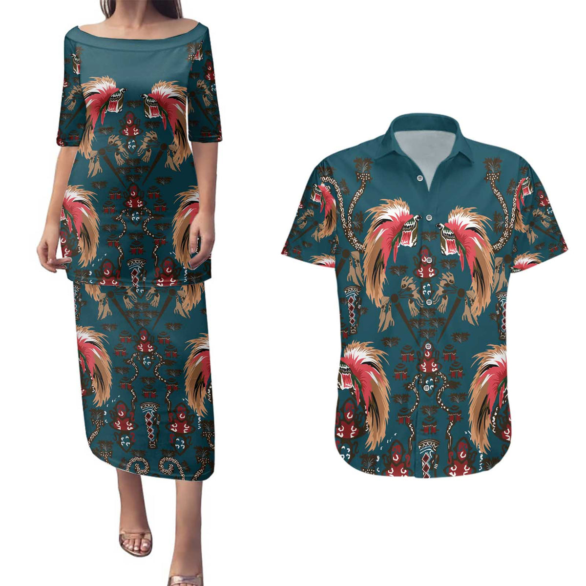 Dark Cyan Blue Bird of Batik Papua Couples Matching Puletasi and Hawaiian Shirt Exotic Natural Wealth of Papua - Polynesian Pride