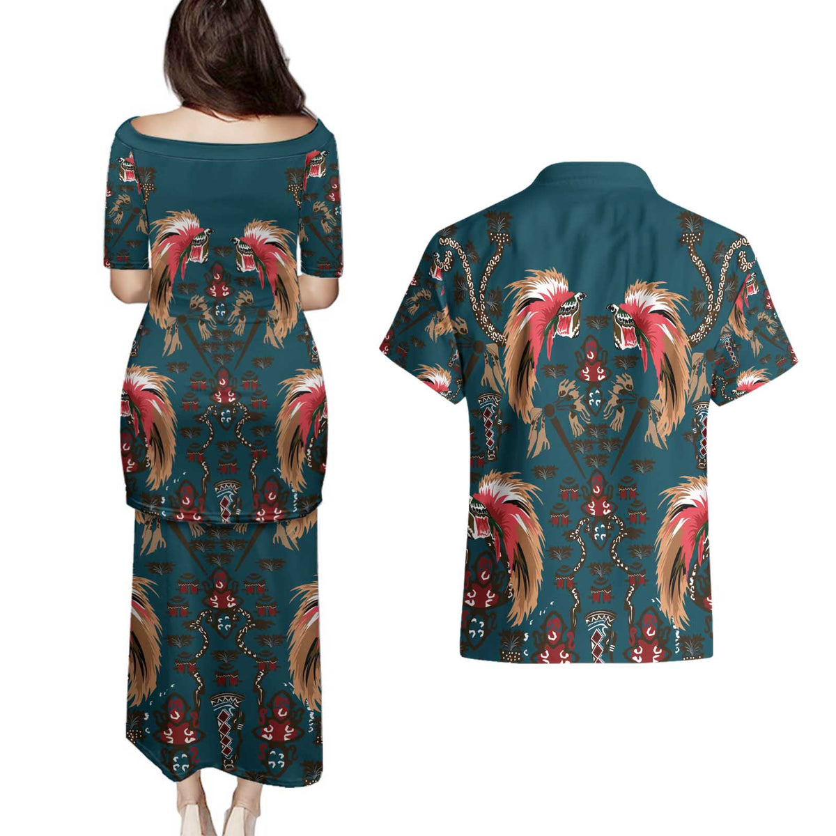 Dark Cyan Blue Bird of Batik Papua Couples Matching Puletasi and Hawaiian Shirt Exotic Natural Wealth of Papua - Polynesian Pride