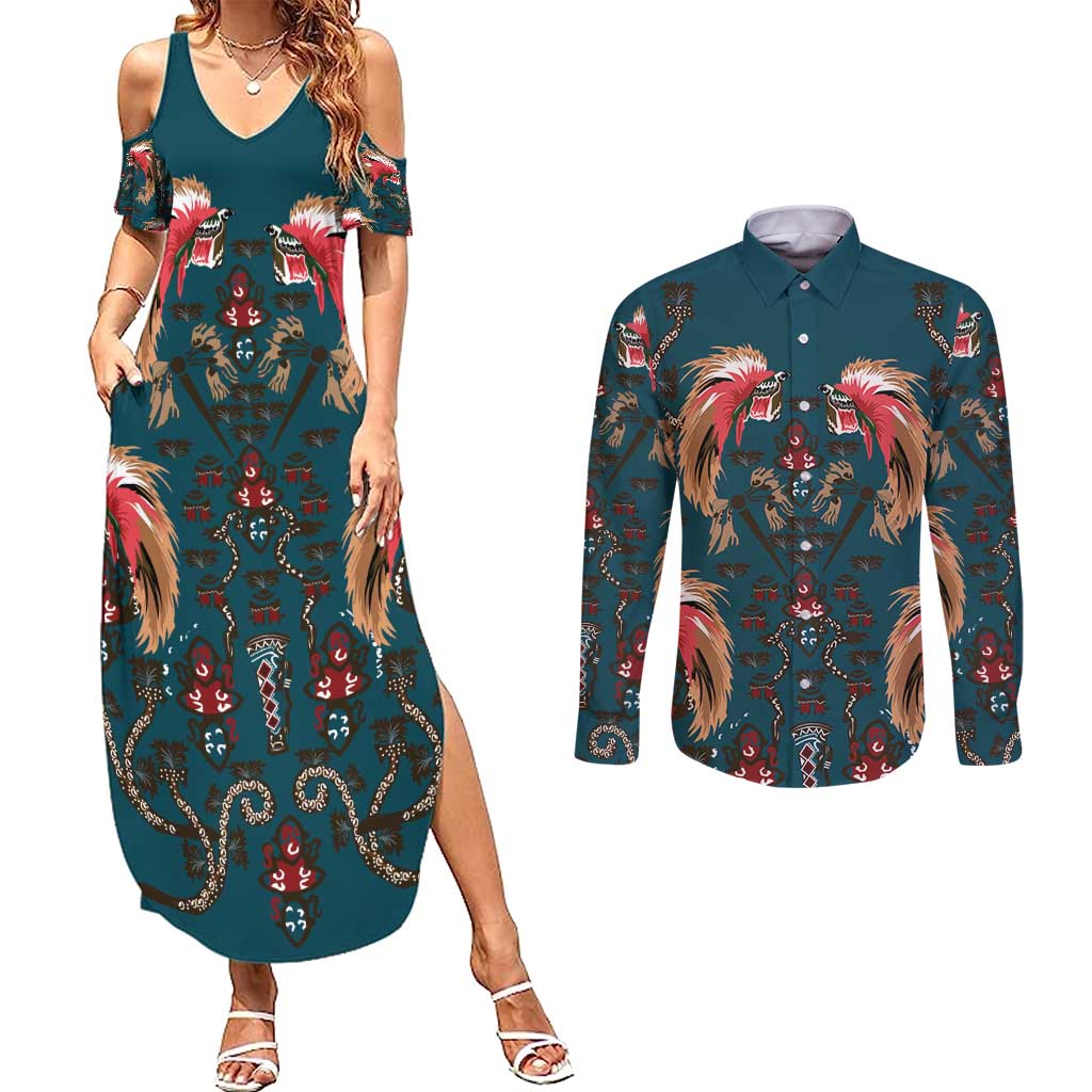 Dark Cyan Blue Bird of Batik Papua Couples Matching Summer Maxi Dress and Long Sleeve Button Shirt Exotic Natural Wealth of Papua - Polynesian Pride