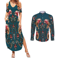 Dark Cyan Blue Bird of Batik Papua Couples Matching Summer Maxi Dress and Long Sleeve Button Shirt Exotic Natural Wealth of Papua - Polynesian Pride