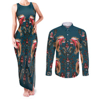 Dark Cyan Blue Bird of Batik Papua Couples Matching Tank Maxi Dress and Long Sleeve Button Shirt Exotic Natural Wealth of Papua - Polynesian Pride