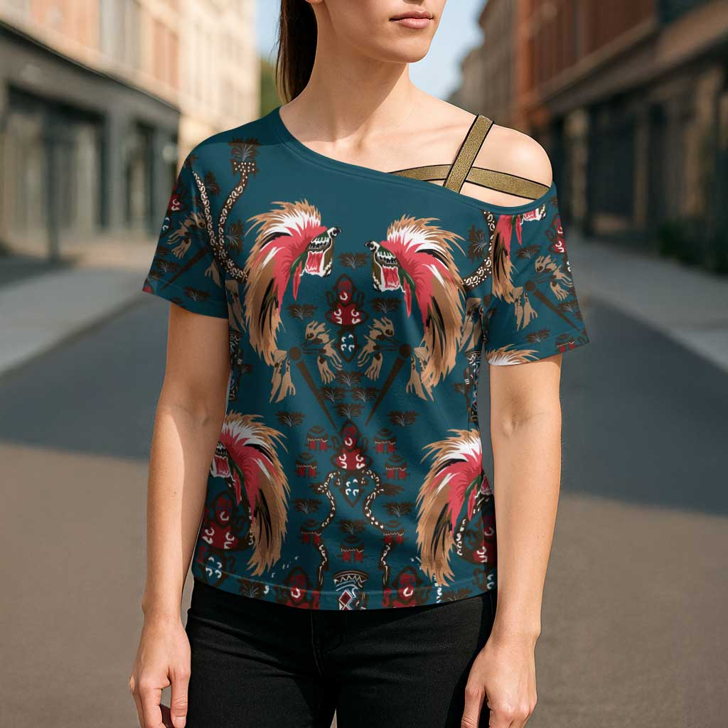 Dark Cyan Blue Bird of Batik Papua Cross Shoulder Shirt Exotic Natural Wealth of Papua - Polynesian Pride