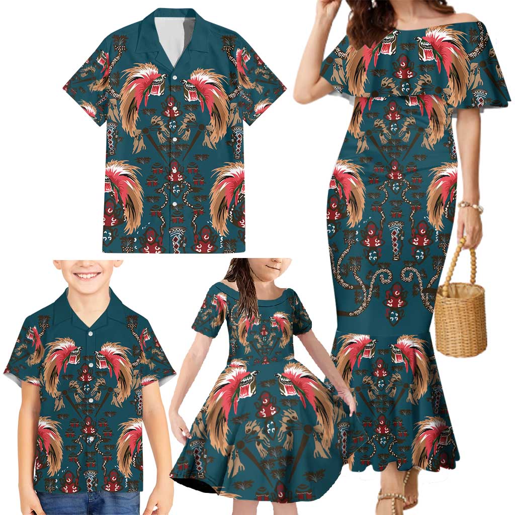 Dark Cyan Blue Bird of Batik Papua Family Matching Mermaid Dress and Hawaiian Shirt Exotic Natural Wealth of Papua - Polynesian Pride