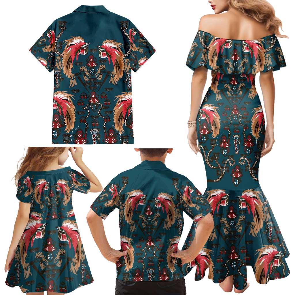 Dark Cyan Blue Bird of Batik Papua Family Matching Mermaid Dress and Hawaiian Shirt Exotic Natural Wealth of Papua - Polynesian Pride