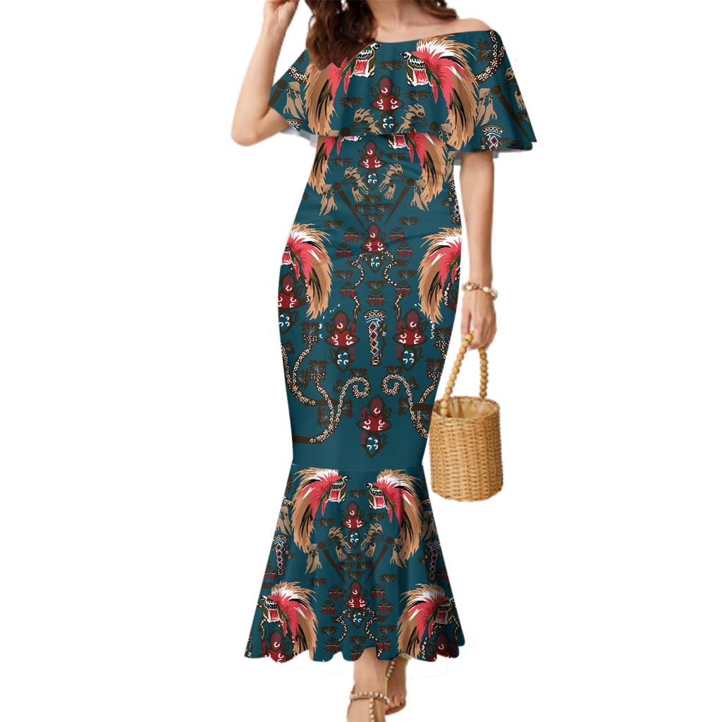 Dark Cyan Blue Bird of Batik Papua Family Matching Mermaid Dress and Hawaiian Shirt Exotic Natural Wealth of Papua - Polynesian Pride
