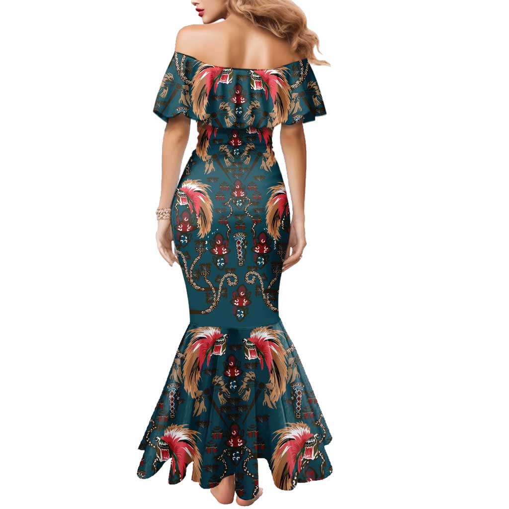 Dark Cyan Blue Bird of Batik Papua Family Matching Mermaid Dress and Hawaiian Shirt Exotic Natural Wealth of Papua - Polynesian Pride
