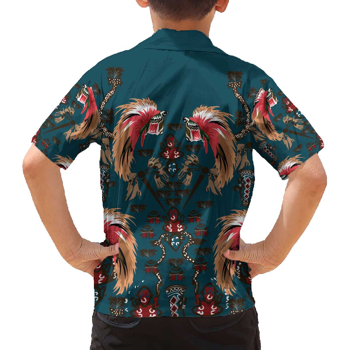 Dark Cyan Blue Bird of Batik Papua Family Matching Off The Shoulder Long Sleeve Dress and Hawaiian Shirt Exotic Natural Wealth of Papua - Polynesian Pride