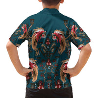 Dark Cyan Blue Bird of Batik Papua Family Matching Off The Shoulder Long Sleeve Dress and Hawaiian Shirt Exotic Natural Wealth of Papua - Polynesian Pride