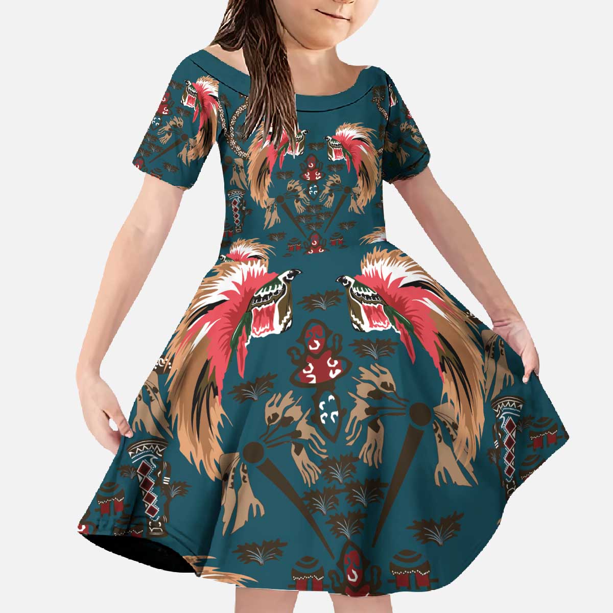 Dark Cyan Blue Bird of Batik Papua Family Matching Off The Shoulder Long Sleeve Dress and Hawaiian Shirt Exotic Natural Wealth of Papua - Polynesian Pride
