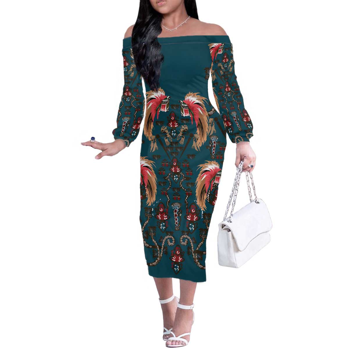 Dark Cyan Blue Bird of Batik Papua Family Matching Off The Shoulder Long Sleeve Dress and Hawaiian Shirt Exotic Natural Wealth of Papua - Polynesian Pride
