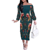 Dark Cyan Blue Bird of Batik Papua Family Matching Off The Shoulder Long Sleeve Dress and Hawaiian Shirt Exotic Natural Wealth of Papua - Polynesian Pride