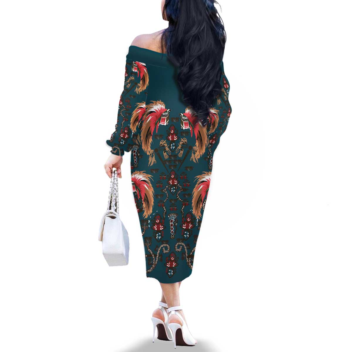 Dark Cyan Blue Bird of Batik Papua Family Matching Off The Shoulder Long Sleeve Dress and Hawaiian Shirt Exotic Natural Wealth of Papua - Polynesian Pride